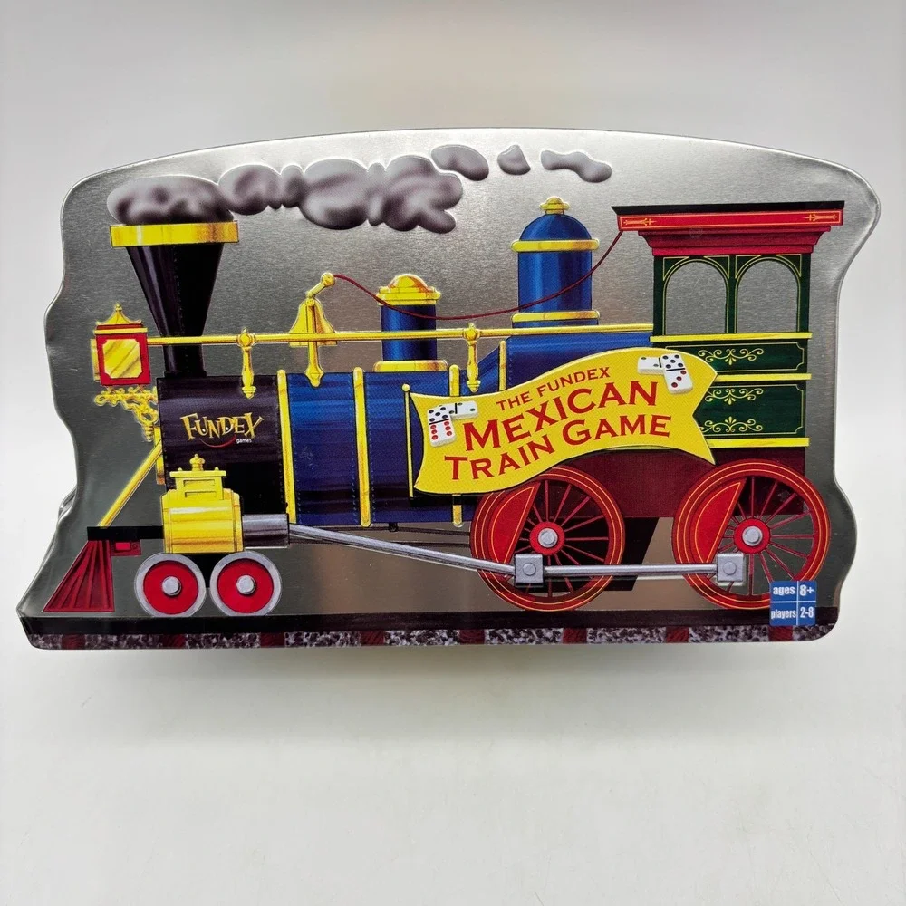 Mexican Train Game COMPLETE Fundex 2003 Metal Tin Tiles Electronic Hub Dominoes
